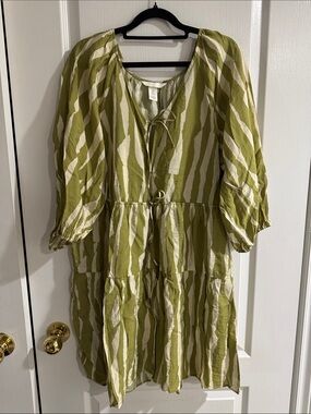 H&M Olive Green and Cream Striped Tiered Midi Dress